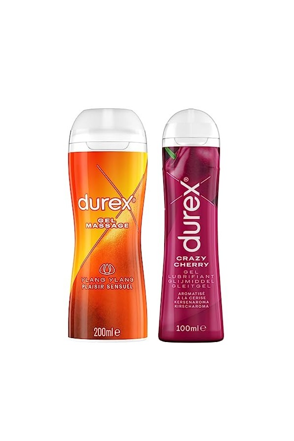 DUREX - Lot de 2 Gels Lubrifiants Intimes - Gel De Massage Intime Ylang Ylang 200ml - Gel Comestible Crazy Cherry 100ml
