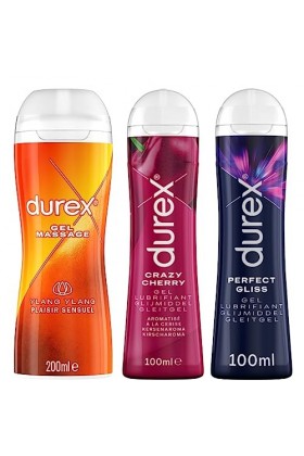 Durex - Lot de 3 Gels Lubrifiants - 1 Gel Massage Ylang Ylang de 200ml - 1 Gel Comestible Cherry de 100ml - 1 Gel Perfect Gli