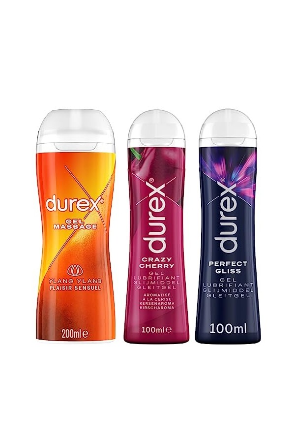 Durex - Lot de 3 Gels Lubrifiants - 1 Gel Massage Ylang Ylang de 200ml - 1 Gel Comestible Cherry de 100ml - 1 Gel Perfect Gli