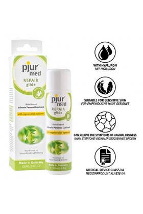 pjur med REPAIR glide - Gel lubrifiant médical à base deau - Au hyaluron pour la régénération des peaux sèches et sollicitée