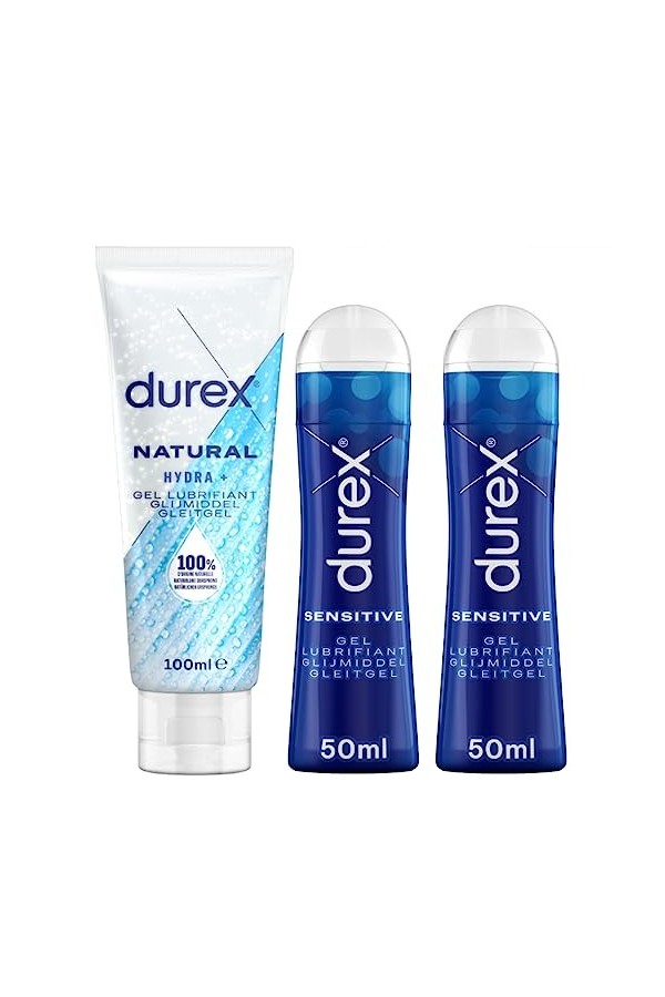 Durex - Lot de 3 Gels Lubrifiants Intimes - Lubrifiant Naturel Hydratant à lAcide Hyaluronique 100 ml - 2 x Gels Lubrifiants
