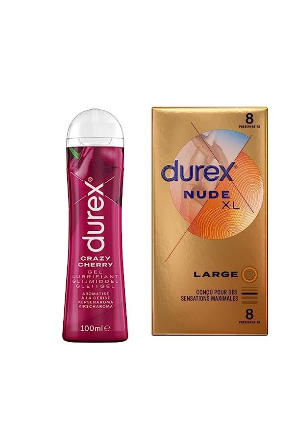 Durex - Lot de Préservatifs et Lubrifiant - 1 Boîte de Préservatifs Nude XL x8 - Gel Hot 100ml Nude XL 8 + 2 Lubrifiants Hot