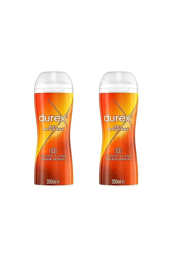 Durex - Gel De Massage Lubrifiant Sensuel À Base DEau - 2 en 1 - Aux Extraits dYlang Ylang - Lot de 2 x200 ml