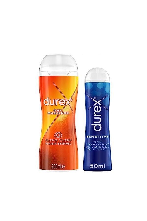 DUREX Lot de 2 Gels Lubrifiants Intimes - Gel De Massage Intime Ylang Ylang 200ml - Gel Lubrifiant Intime Sensitive 50ml
