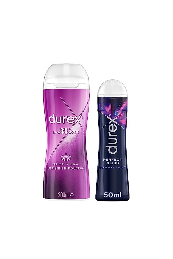 Durex - Lot de 2 Gels Lubrifiants Intimes - Gel De Massage Aloë Vera 200ml - Gel Lubrifiant Perfect Gliss 50ml