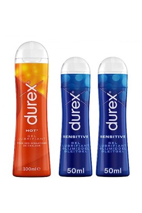 Durex - 3 Gels Lubrifiants Sexuels - 1 x Gel Comestible Hot 100ml - 2 x Gels Intimes Sensitive 50ml
