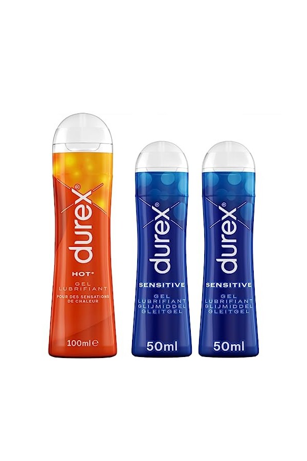 Durex - 3 Gels Lubrifiants Sexuels - 1 x Gel Comestible Hot 100ml - 2 x Gels Intimes Sensitive 50ml