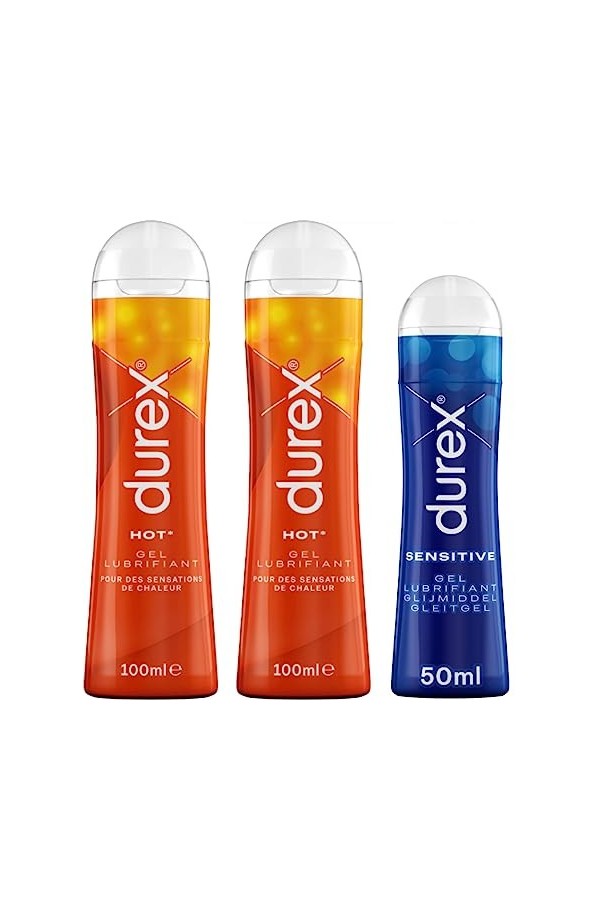 Durex - 3 Gels Lubrifiants Sexuels - 2 x Gels Comestibles Hot 100ml - 1 x Gel Intime Sensitive 50ml
