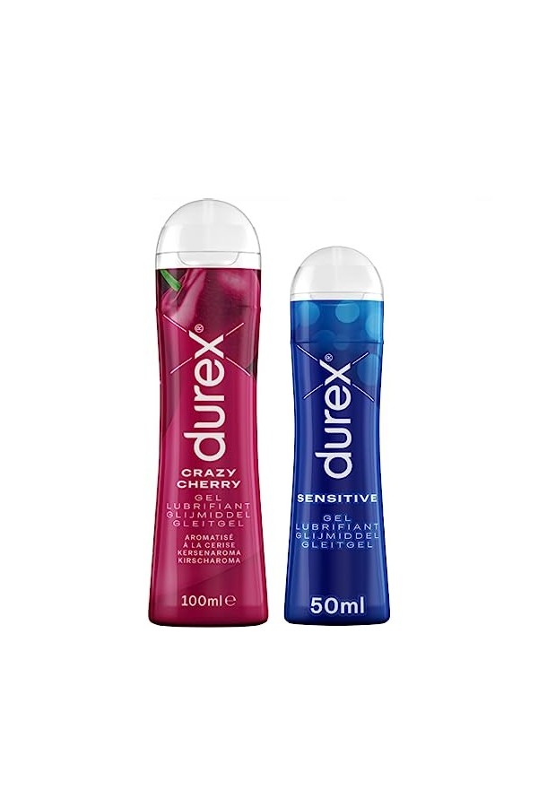 Durex – Lot de 3 Gels Lubrifiants Sexuels - 2 x Gels Comestibles Crazy Cherry 100ml - 1 xGel Intime Sensitive 50ml