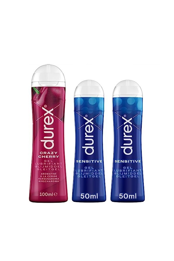 Durex - 3 Gels Lubrifiants Sexuels - 1 x Gel Comestible Crazy Cherry 100ml - 2 x Gels Intimes Sensitive 50ml
