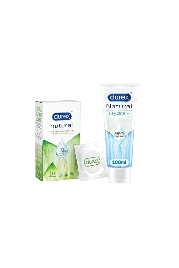 Durex - Lot de Préservatifs fin et lubrifiés à base deau Natural x10 - Gel Lubrifiant Naturel Acide Hyaluronique Hydra + 100