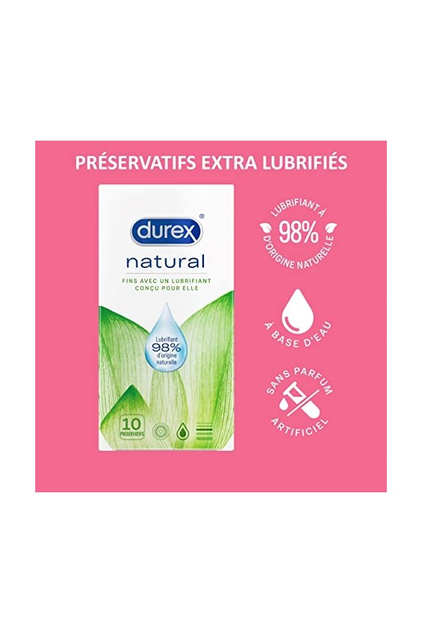 Durex - Lot de Préservatifs fin et lubrifiés à base deau Natural x10 - Gel Lubrifiant Naturel Acide Hyaluronique Hydra + 100