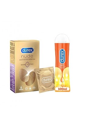 Durex - Lot de Préservatifs et Lubrifiant - Nude Sans Latex x8 - Gel Lubrifiant Hot 100ml