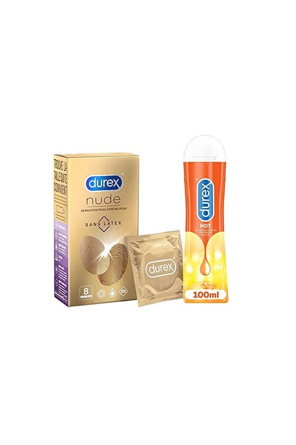 Durex - Lot de Préservatifs et Lubrifiant - Nude Sans Latex x8 - Gel Lubrifiant Hot 100ml