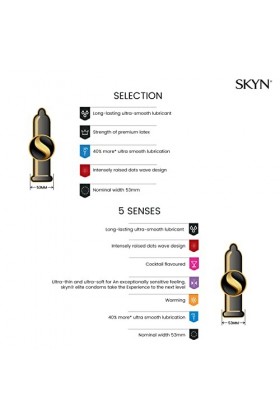 SKYN Sélection 34 Préservatifs + SKYN 5 Senses 5 Préservatifs - Muti-Sensations : Ultra-fin, perlé, saveur cocktail, chauf