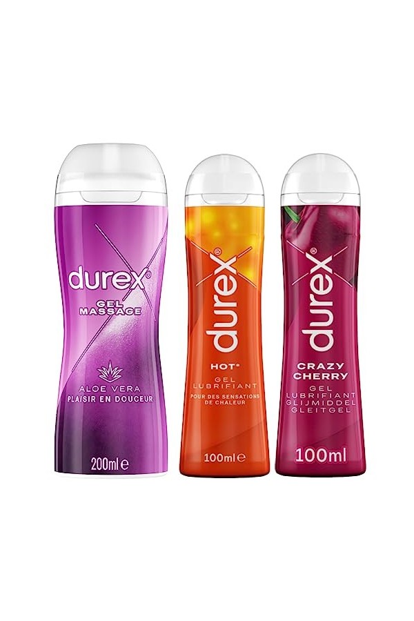 Durex - Lot de 3 Gels Lubrifiants Intimes - Gel De Massage Aloë Vera 200ml - Crazy Cherry Gel Lubrifiant Sexuel Goût Cerise 1