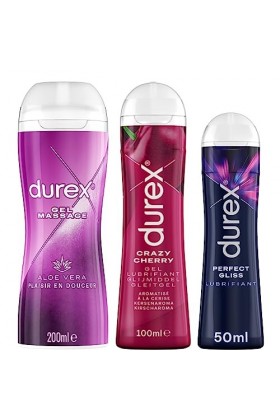 DUREX Lot de 3 Gels Lubrifiants Intimes - Gel De Massage Aloë Vera 200ml - Gel Lubrifiant Comestible Goût Cerise 100ml - Perf