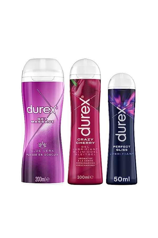 DUREX Lot de 3 Gels Lubrifiants Intimes - Gel De Massage Aloë Vera 200ml - Gel Lubrifiant Comestible Goût Cerise 100ml - Perf