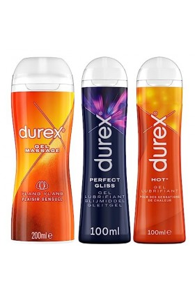 DUREX Lot de 3 Gels Lubrifiants Intimes - Gel De Massage 2 en 1 Ylang Ylang 200ml - Perfect Gliss Lubrifiant Anal 100ml - Hot