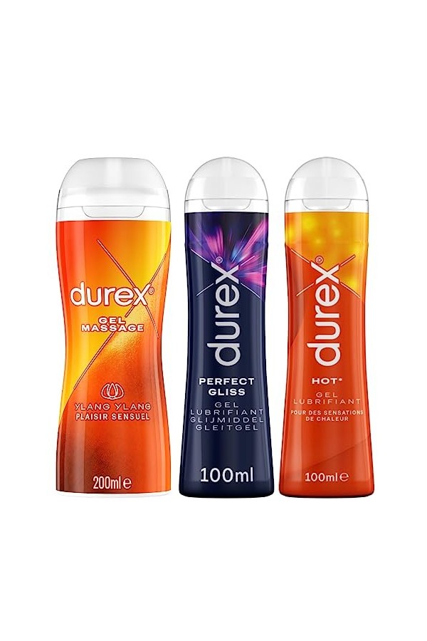 DUREX Lot de 3 Gels Lubrifiants Intimes - Gel De Massage 2 en 1 Ylang Ylang 200ml - Perfect Gliss Lubrifiant Anal 100ml - Hot
