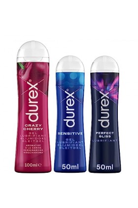 Durex - Lot de 3 Gels Lubrifiants intimes - Crazy Cherry Goût Cerise 100ml - Perfect Gliss Lubrifiant Anal 50ml - Intime Sens