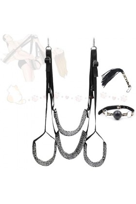 DSJ Balançoire de Luxe En Nylon Imprimé Léopard, 3 Pièces, Avec Fouet En Cuir Et Boules de Bouche, Balançoire Rotative À 360 