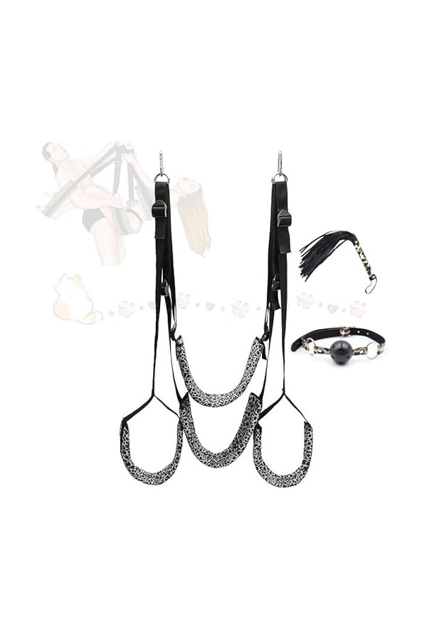 DSJ Balançoire de Luxe En Nylon Imprimé Léopard, 3 Pièces, Avec Fouet En Cuir Et Boules de Bouche, Balançoire Rotative À 360 