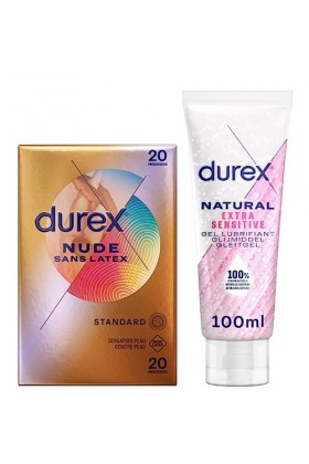 Durex - Lot de Préservatifs et Lubrifiant - 1 Boîte de Préservatifs Nude Sans Latex x20 - Gel Lubrifiant Natural Aloe Vera 10