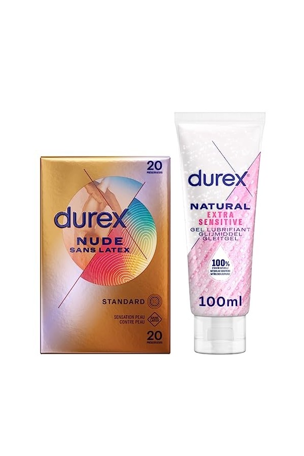 Durex - Lot de Préservatifs et Lubrifiant - 1 Boîte de Préservatifs Nude Sans Latex x20 - Gel Lubrifiant Natural Aloe Vera 10