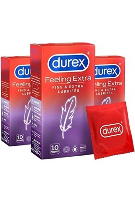 Durex - Préservatifs Feeling Extra - 10 Préservatifs Fins et Extra Lubrifiés pour Homme 30 Préservatifs 