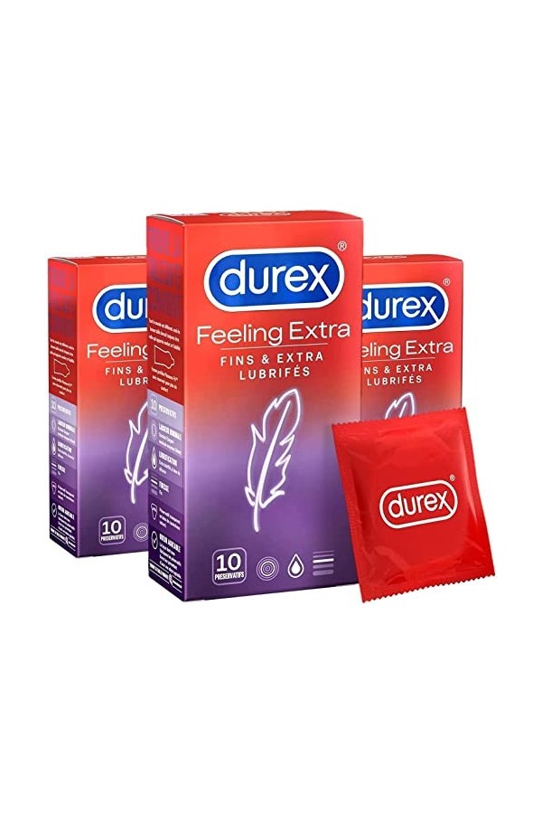 Durex - Préservatifs Feeling Extra - 10 Préservatifs Fins et Extra Lubrifiés pour Homme 30 Préservatifs