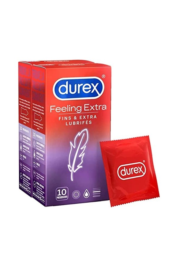 Durex - Lot de 2 boîtes de Préservatifs Feeling Extra - Fins & Extra Lubrifiés - 2x10 pièces