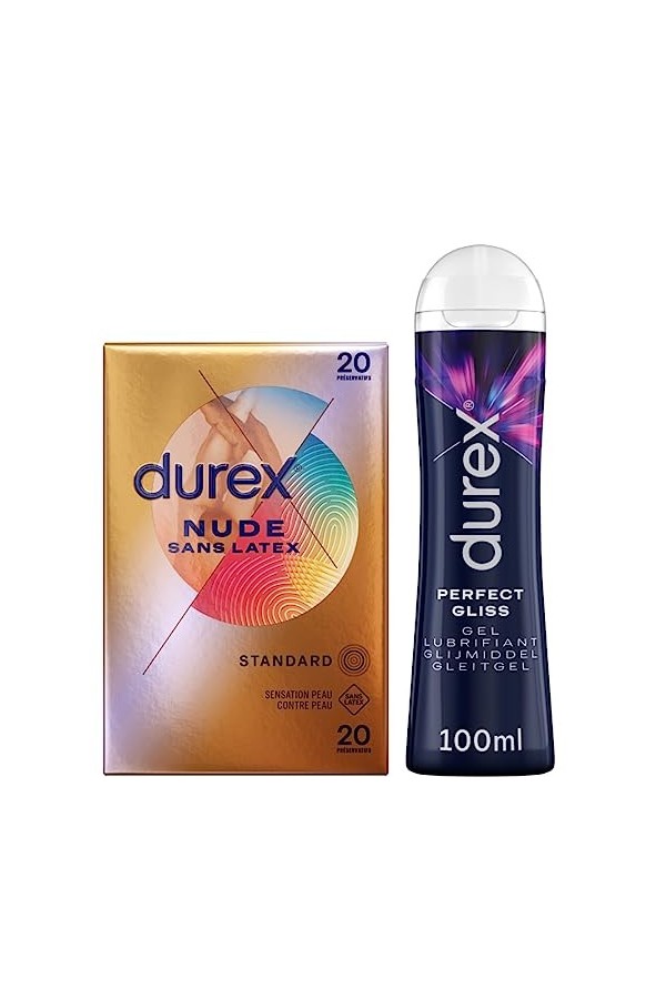 Durex - Lot de Préservatifs et Lubrifiant - 1 Boîte de Préservatifs Nude Sans Latex x20 - Gel Lubrifiant Perfect Gliss 100 ml