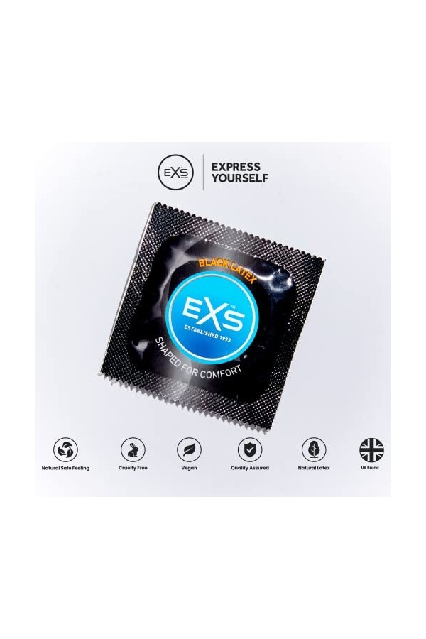 EXS | Préservatifs en Latex Noirs | Améliorez votre Vie Sexuelle Avec du Latex Coloré | Végan | Lot de 12