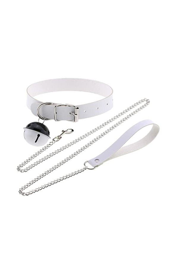 Collier ras-du-cou punk en cuir coloré bicolore avec pendentif cloche, style hip-hop, jeu de rôle, bijoux de couple blanc