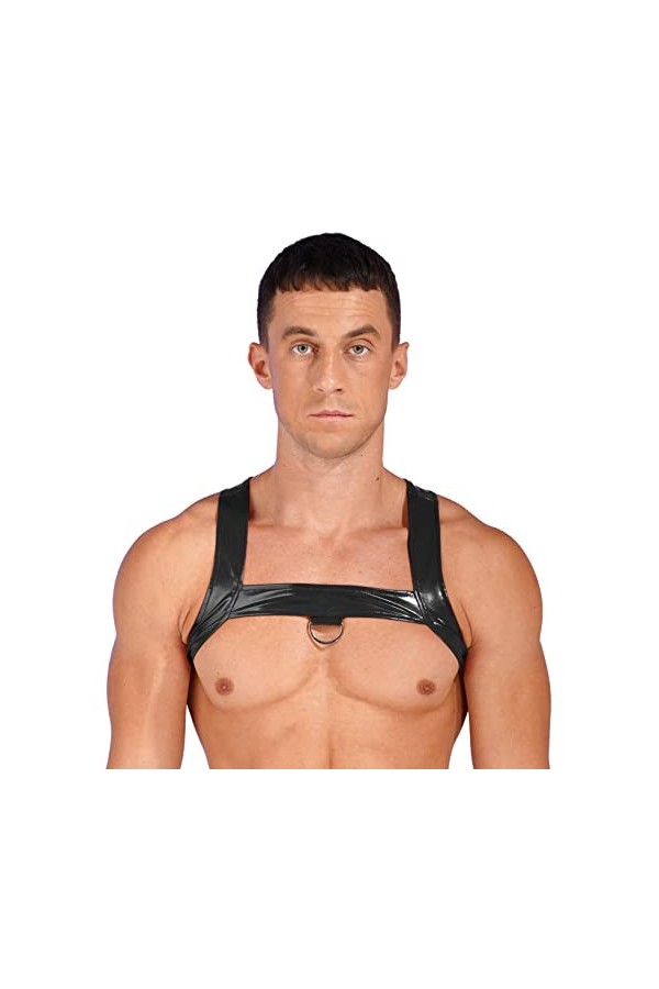 Oyolan Homme Harnais Cuir Verni Sexy Bandage Body String Lingerie Wetlook Harnais Gay Clubwear M-XXL Type A Noir XL