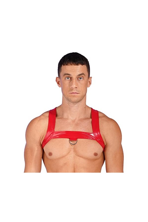 Oyolan Homme Harnais Cuir Verni Sexy Bandage Body String Lingerie Wetlook Harnais Gay Clubwear M-XXL Type A Noir XL
