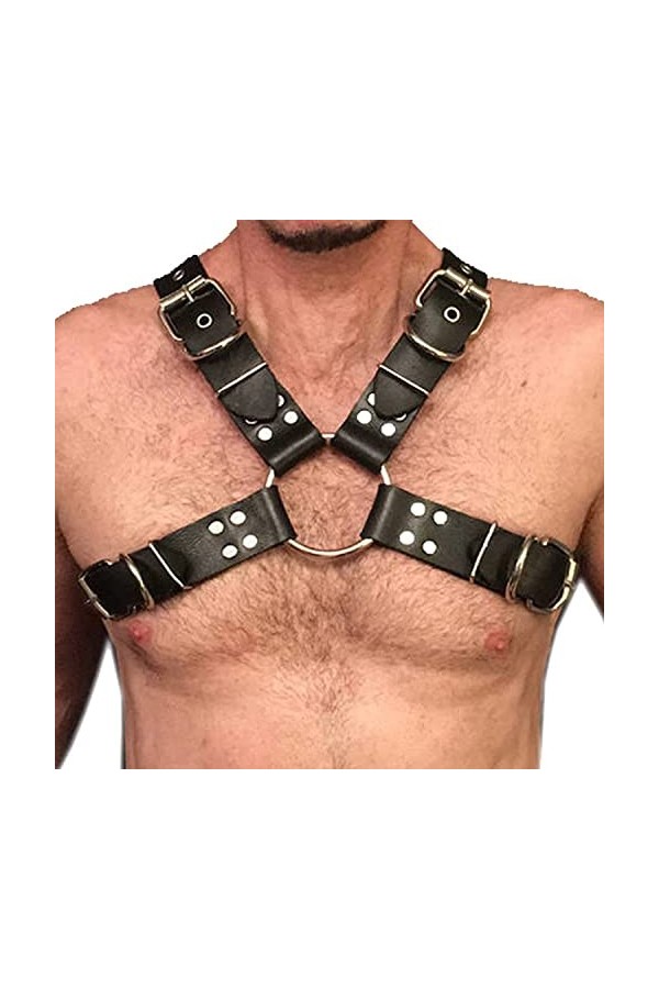 ELizoop Harnais Punk pour homme Ceinture réglable en cuir PU Chaîne Sexy Steampunk Harnais de poitrine Ceinture Strap Rave Cl