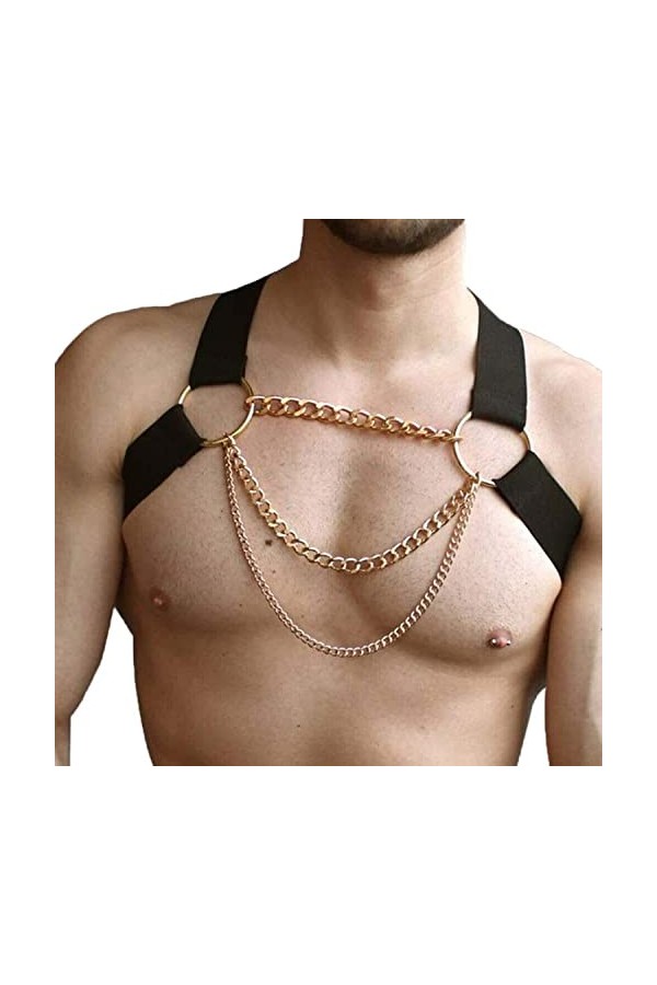 ELizoop Harnais Punk pour homme Ceinture réglable en cuir PU Chaîne Sexy Steampunk Harnais de poitrine Ceinture Strap Rave Cl