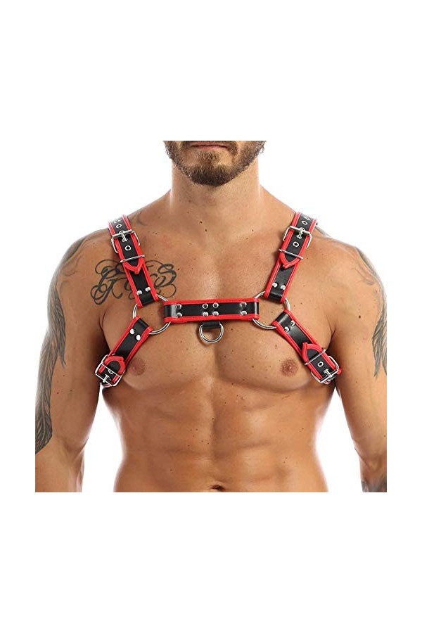 N/A/A Harnais de poitrine pour homme avec boucles Gay Interest - En cuir synthétique - Noir et rouge