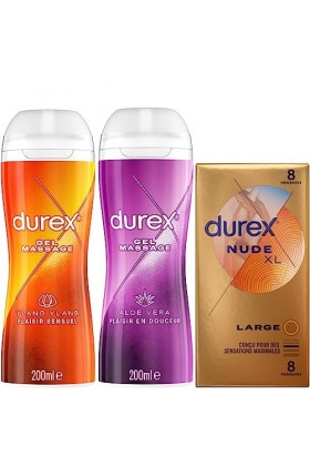 Durex - Lot de Préservatifs et Lubrifiant - 1 Boîte de Préservatifs Nude XL x8 - Gel Massage Lubrifiant Ylang-Ylang Sensuel 2