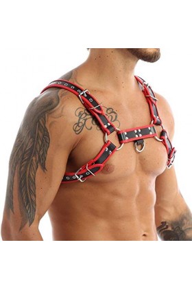 N/A/A Harnais de poitrine pour homme avec boucles Gay Interest - En cuir synthétique - Noir et rouge