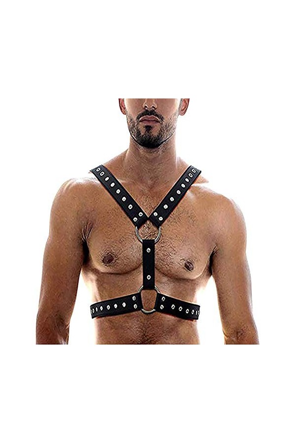 Pinwe Harnais de poitrine en cuir noir pour homme avec boucle réglable, Noir , taille unique