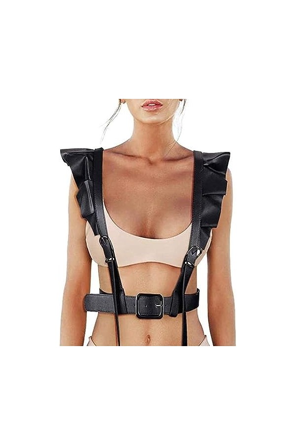 Harnais de corps en cuir pour femme - Soutien-gorge cage à volants réglables - Bretelles à boucle - Style punk - Pour rave cl