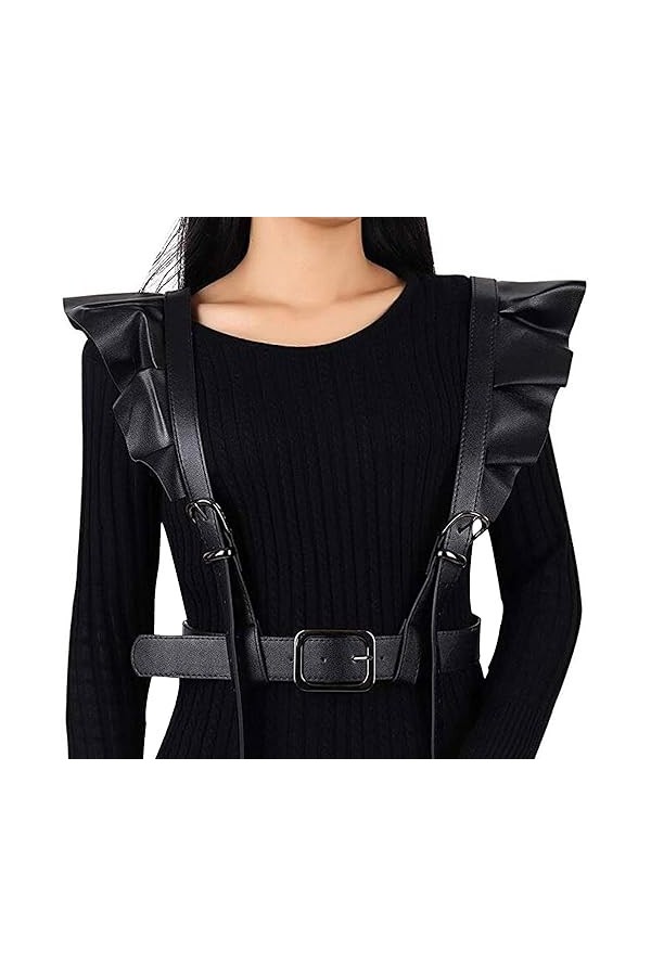 Harnais de corps en cuir pour femme - Soutien-gorge cage à volants réglables - Bretelles à boucle - Style punk - Pour rave cl