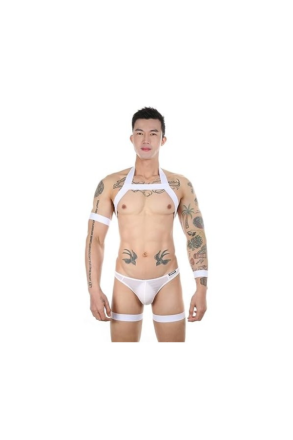 WSZJLN Chaud Sexy Hommes Corps Poitrine Harnais Glace Sous-Vêtements En Soie String Ensemble Épaule Élastique Scène Creux Cos