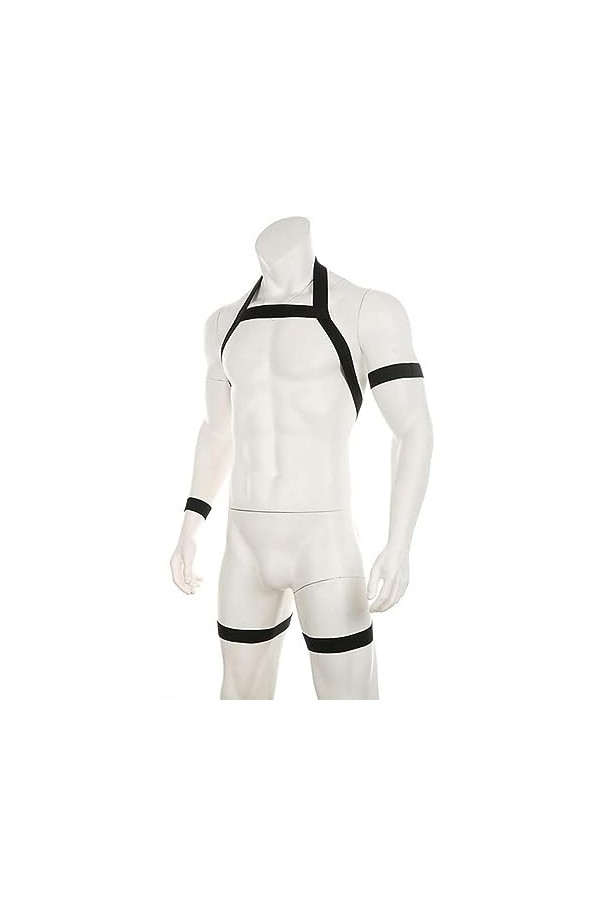 WSZJLN Harnais de Poitrine élastique pour Homme - Lingerie Sexy avec Brassard, Bretelles, Anneau de Jambe - Blanc - Taille Un