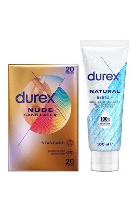 Durex - Lot de Préservatifs et Lubrifiant - 1 Boîte de Préservatifs Nude Sans Latex x20 - Gel Lubrifiant Natural Acide Hyluro