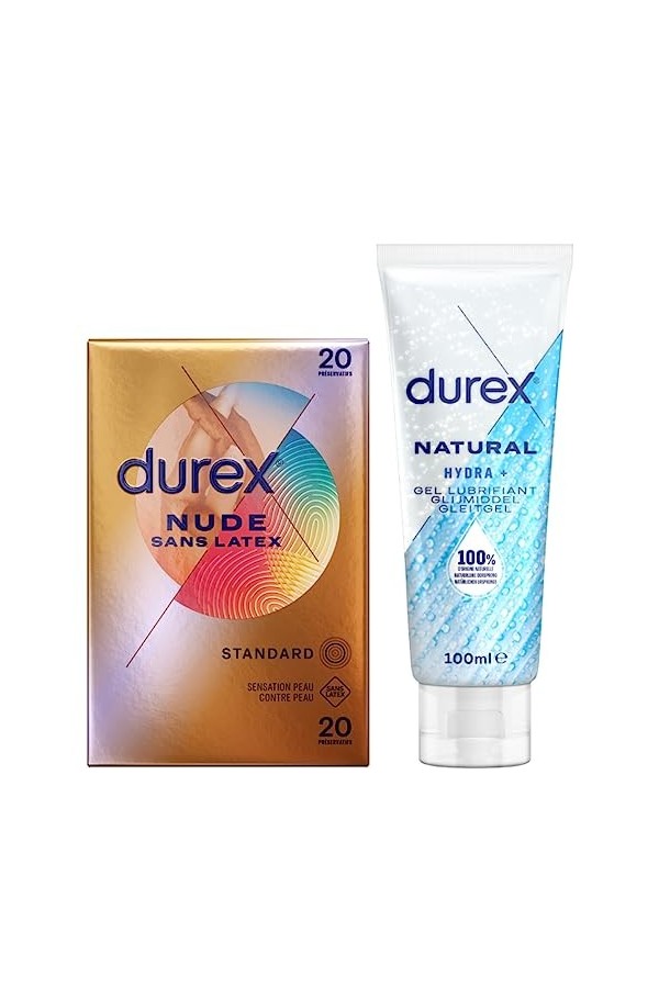 Durex - Lot de Préservatifs et Lubrifiant - 1 Boîte de Préservatifs Nude Sans Latex x20 - Gel Lubrifiant Natural Acide Hyluro