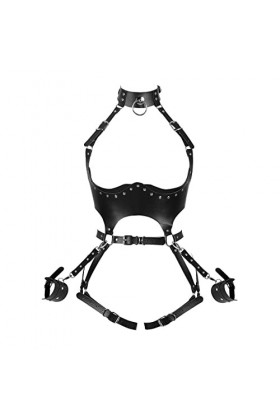 Noir Plein corps harnais en cuir femmes taille jarretière menottes Punk goth rave Dance Rock Halloween poitrine sangle Corset